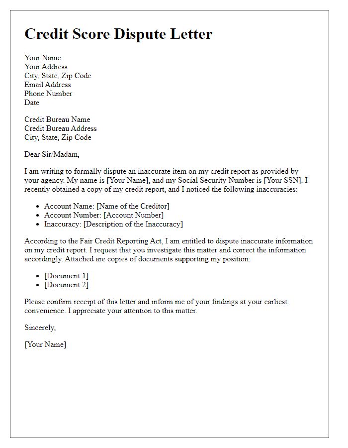 Letter template of credit score dispute for inaccuracies.