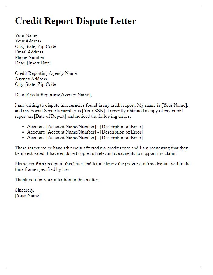 Letter template of credit score dispute for multiple reporting errors.