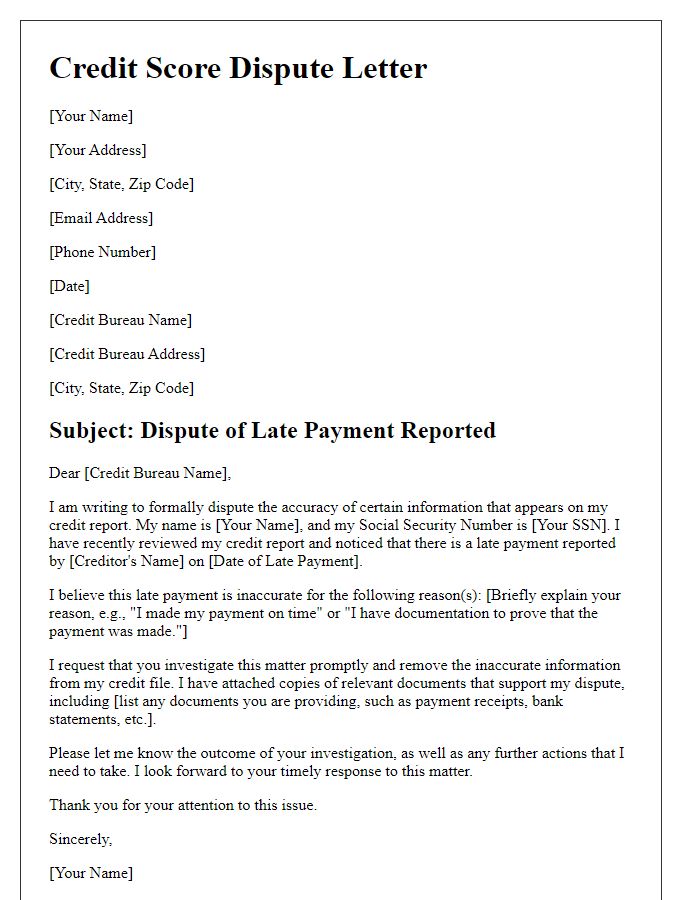 Letter template of credit score dispute regarding late payments.