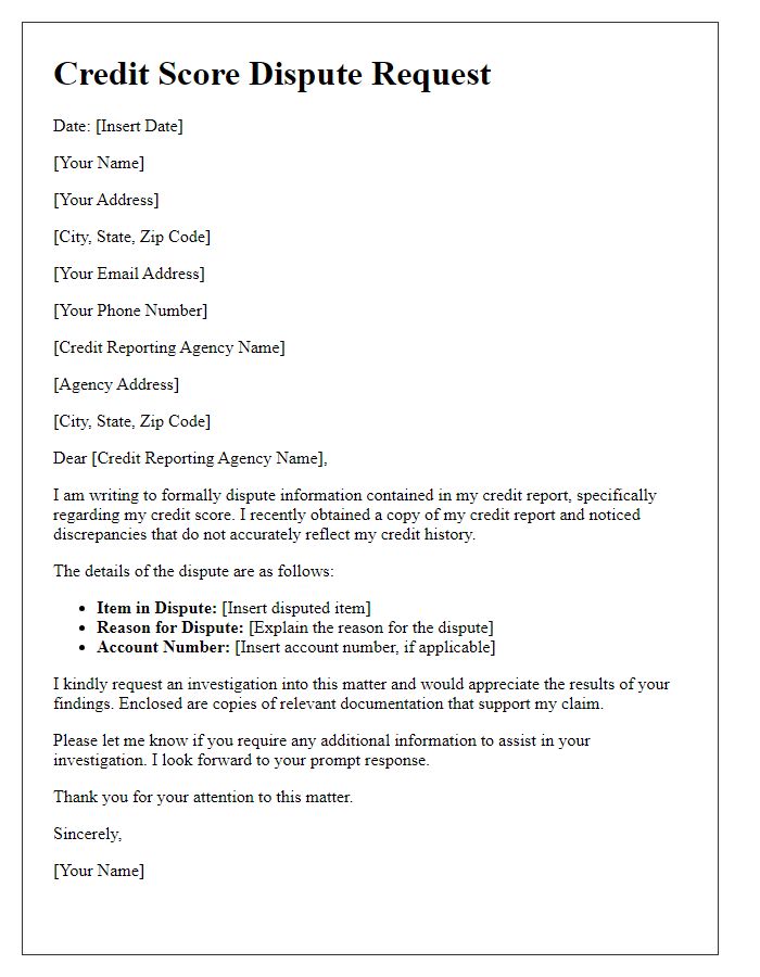 Letter template of credit score dispute when requesting investigation results.