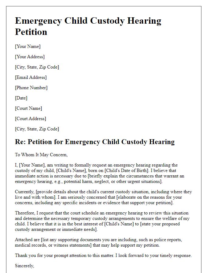 Letter template of emergency child custody hearing petition