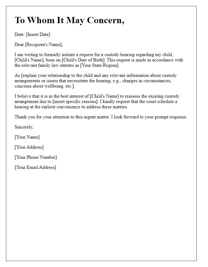 Letter template of swift child custody hearing initiation