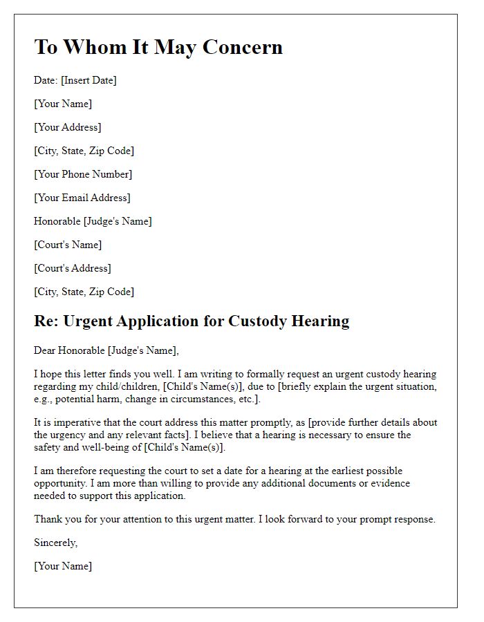 Letter template of urgent custody hearing application