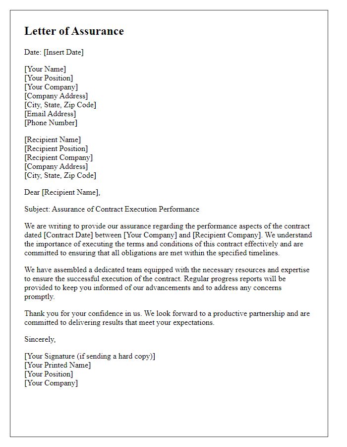 Letter template of assurance for contract execution performance