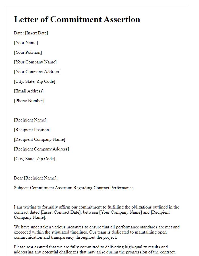 Letter template of commitment assertion regarding contract performance