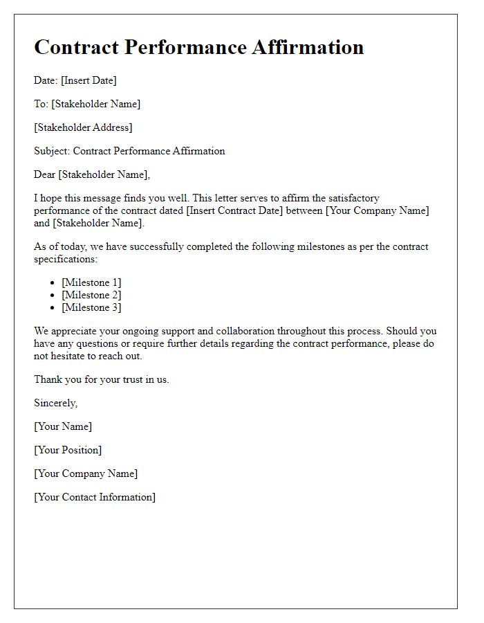 Letter template of contract performance affirmation for stakeholders