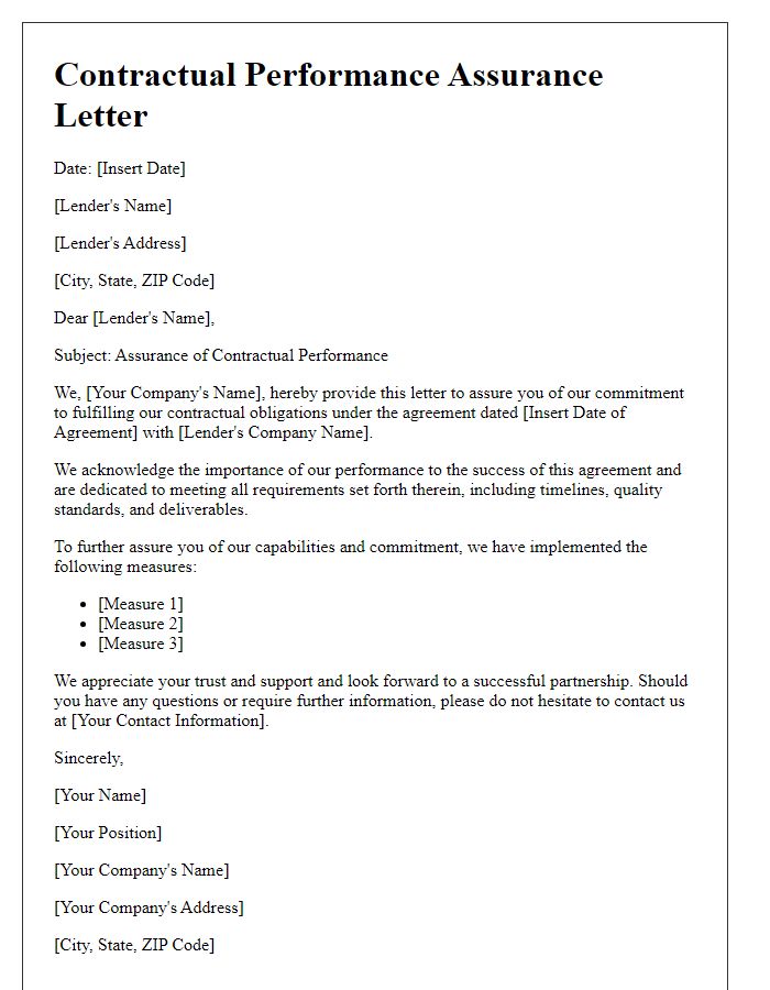 Letter template of contractual performance assurance for lenders