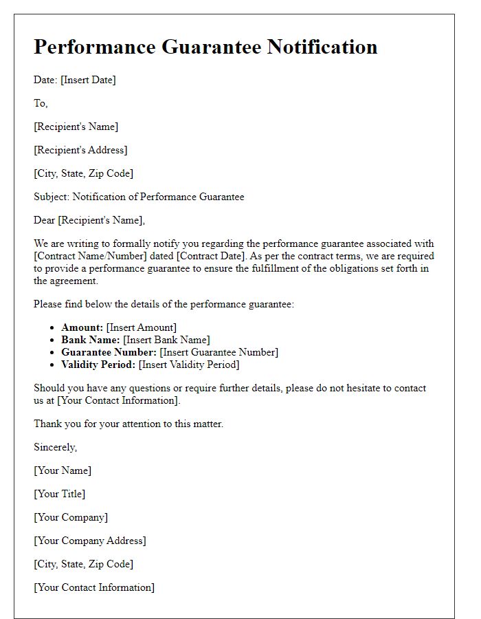 Letter template of performance guarantee notification for contract terms