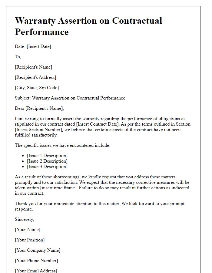 Letter template of warranty assertion on contractual performance