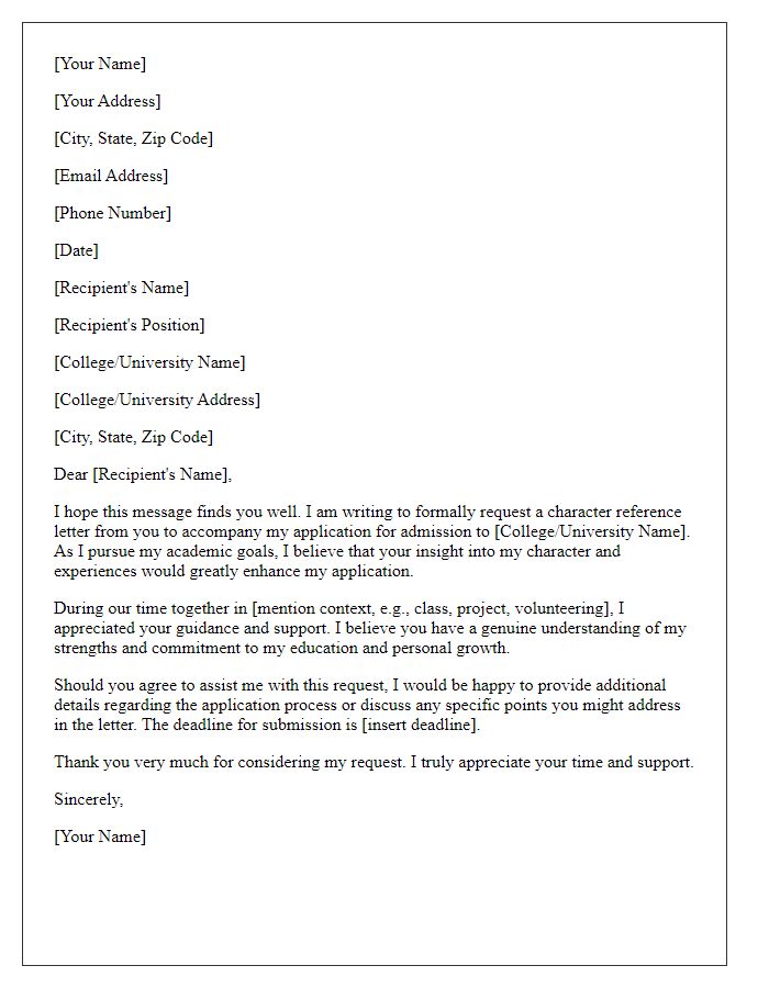 Letter template of a character reference request for college admission.