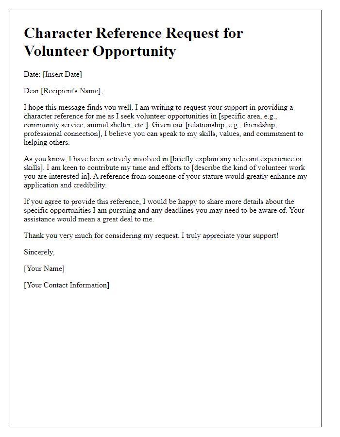 Letter template of a character reference request for volunteer opportunities.