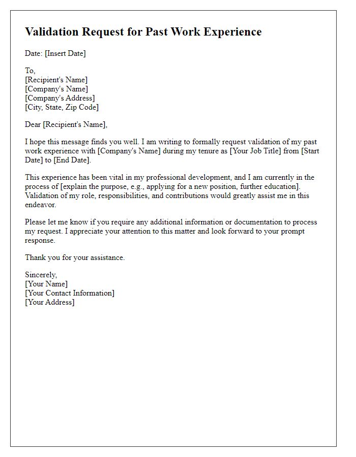 Letter template of validation request for past work experience