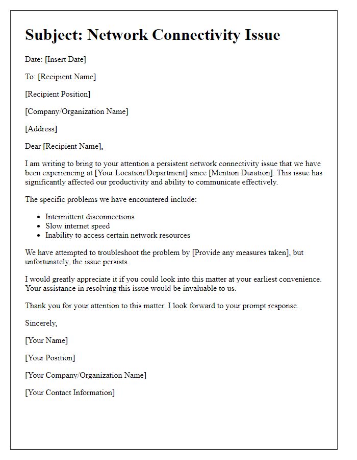 Letter template of addressing a network connectivity issue