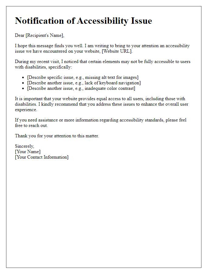 Letter template of informing about a website accessibility issue