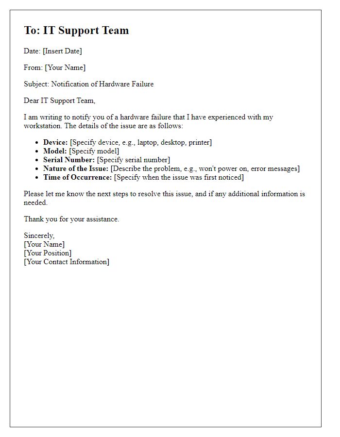 Letter template of notifying IT about hardware failure