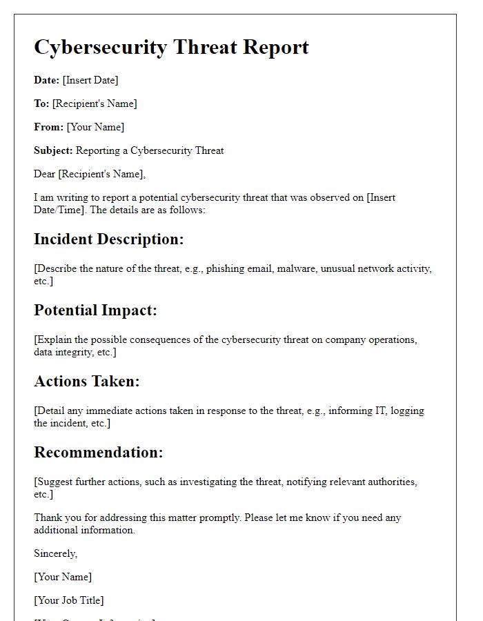 Letter template of reporting a cybersecurity threat at work