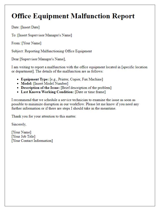 Letter template of reporting a malfunctioning office equipment