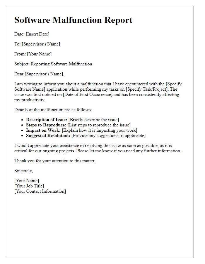 Letter template of reporting a software malfunction at the workplace