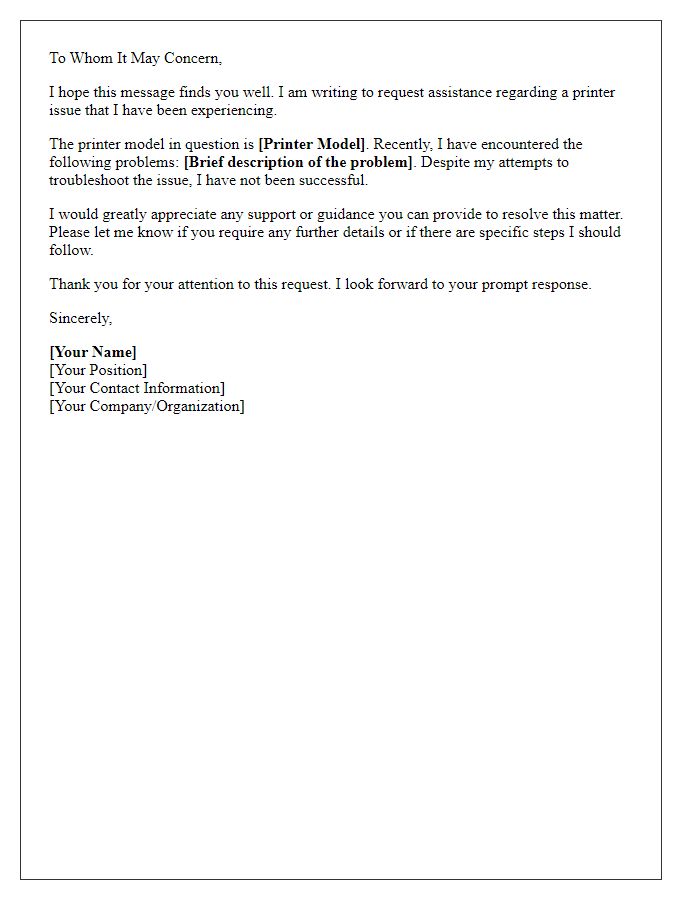 Letter template of requesting assistance for a printer problem