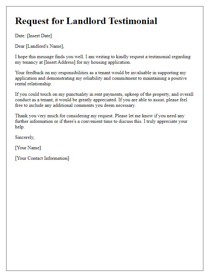 Letter template of landlord testimonial request for housing approval.