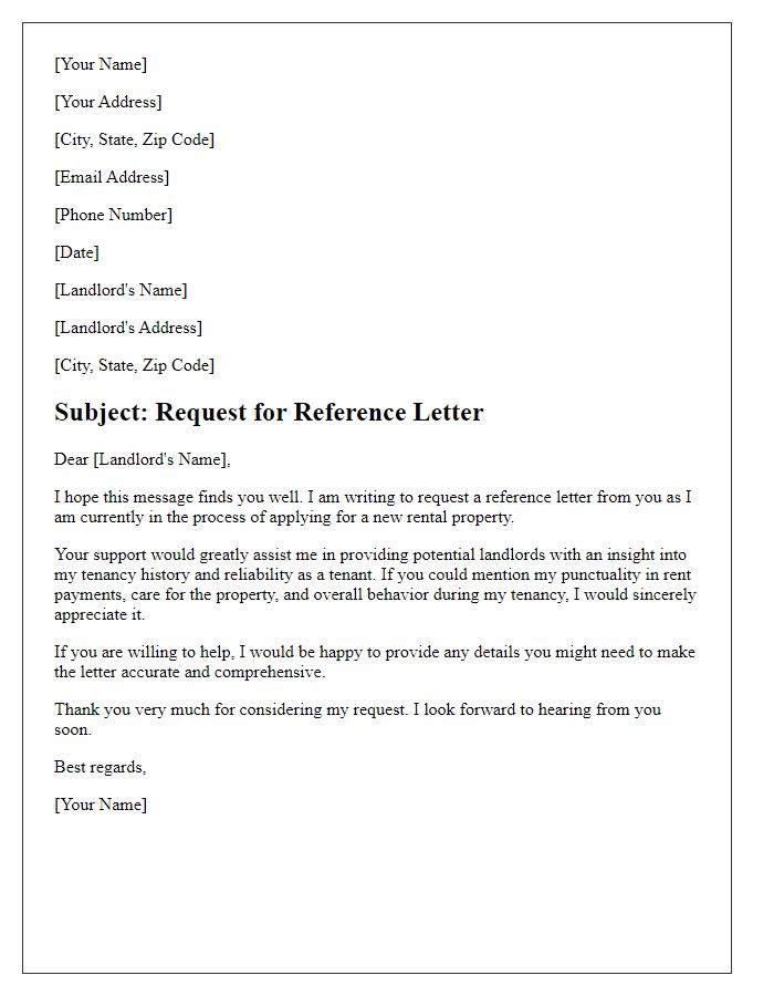 Letter template of reference letter request from landlord for rental screening.