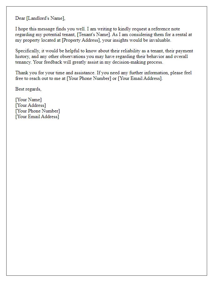 Letter template of reference note request to landlord for potential tenant.