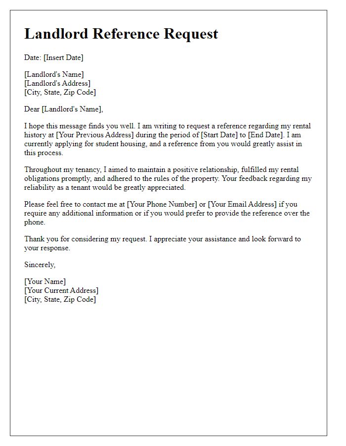 Letter template of simplified landlord reference request for student housing.