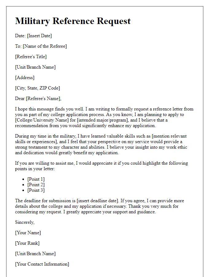 Letter template of military reference request for college applications.