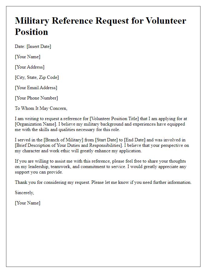 Letter template of military reference request for volunteer positions.