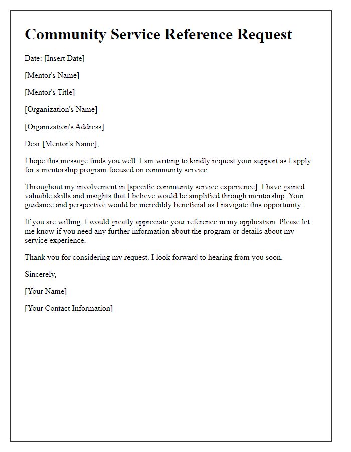 Letter template of a community service reference request for mentorship programs.