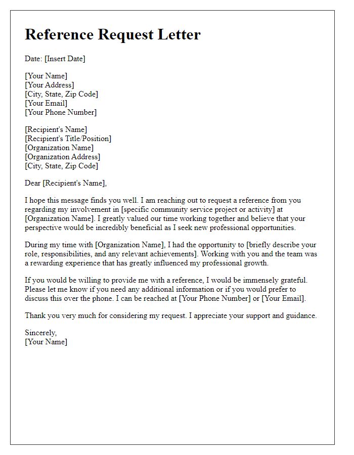 Letter template of a community service reference request for professional networking.