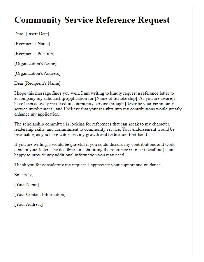 Letter template of a community service reference request for scholarship applications.