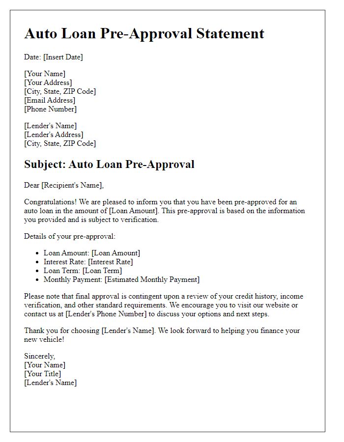 Letter template of auto loan pre-approval statement