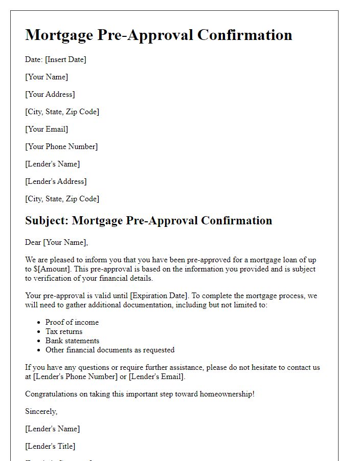 Letter template of mortgage pre-approval confirmation