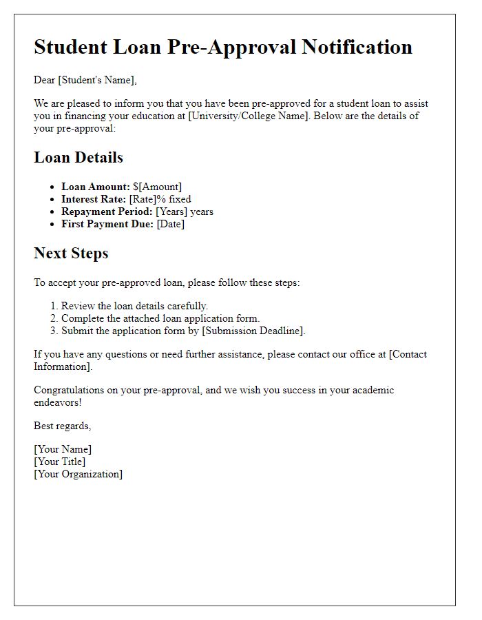 Letter template of student loan pre-approval details