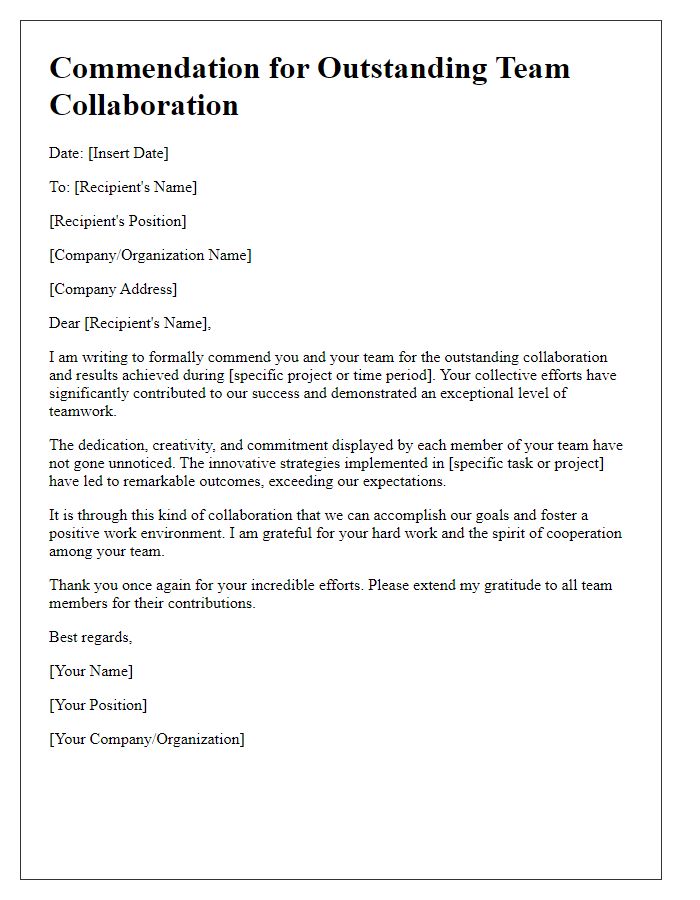 Letter template of commendation for outstanding team collaboration and results.