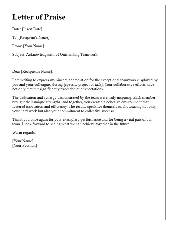 Letter template of praise for exceeding expectations through teamwork.