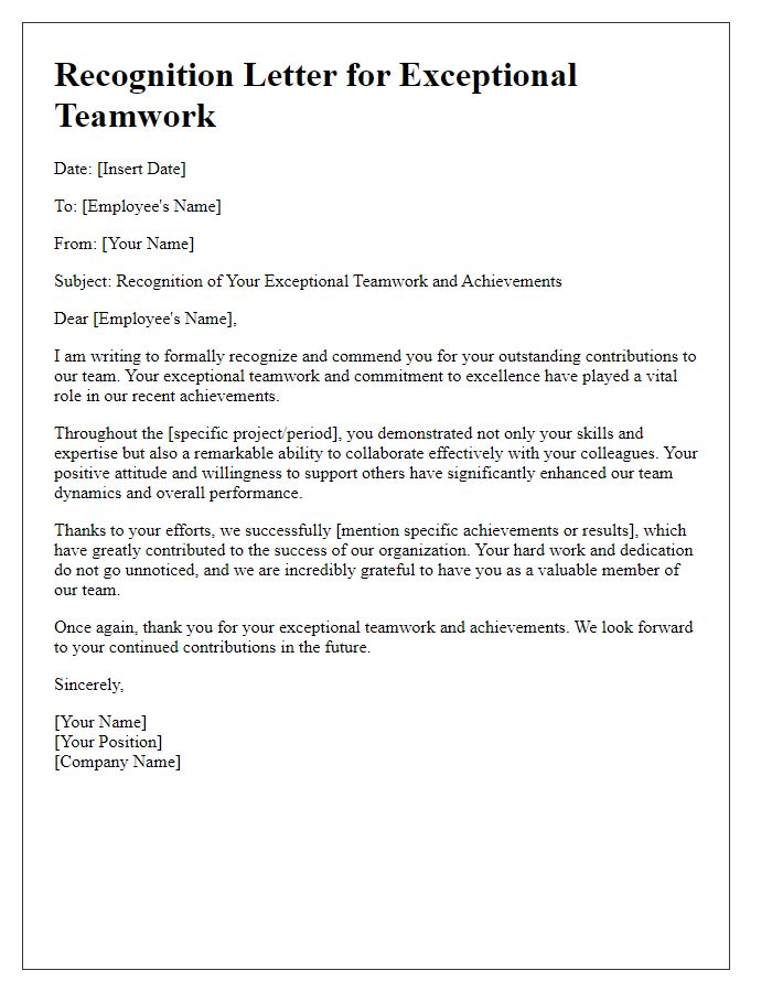 Letter template of recognition for exceptional teamwork and achievements.