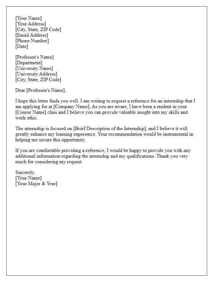 Letter template of internship reference request for academic purposes.