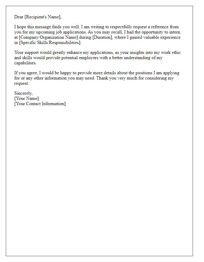 Letter template of internship reference request for job applications.