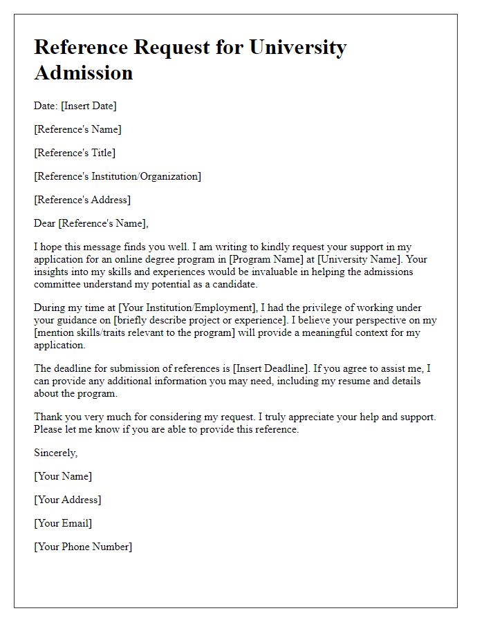 Letter template of university admission reference request for online degree programs