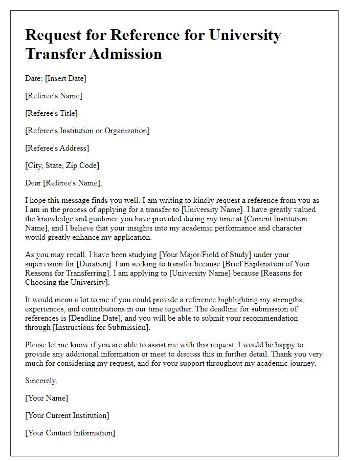 Letter template of university admission reference request for transfer students