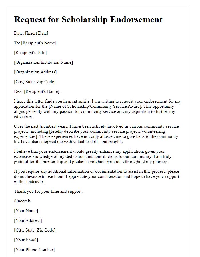 Letter template of scholarship endorsement request for community service awards