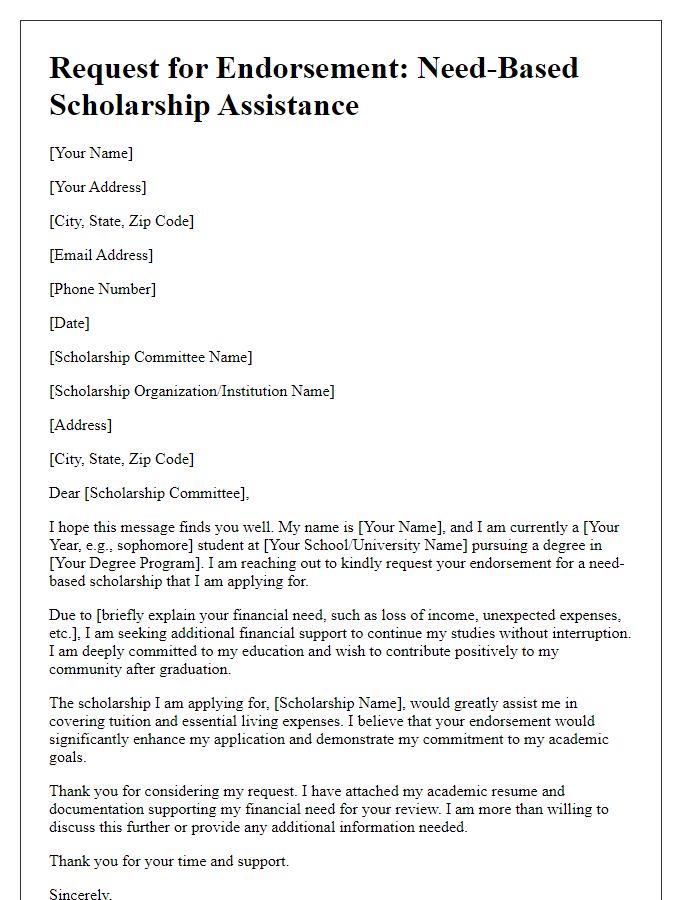 Letter template of scholarship endorsement request for need-based assistance