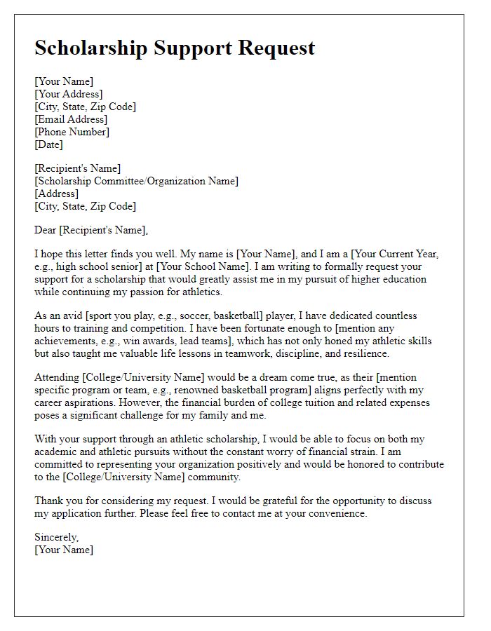 Letter template of scholarship support request for athletic scholarships