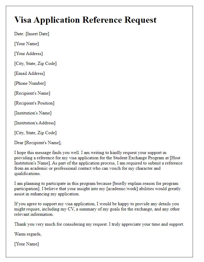 Letter template of Visa Application Reference Request for Student Exchange Program