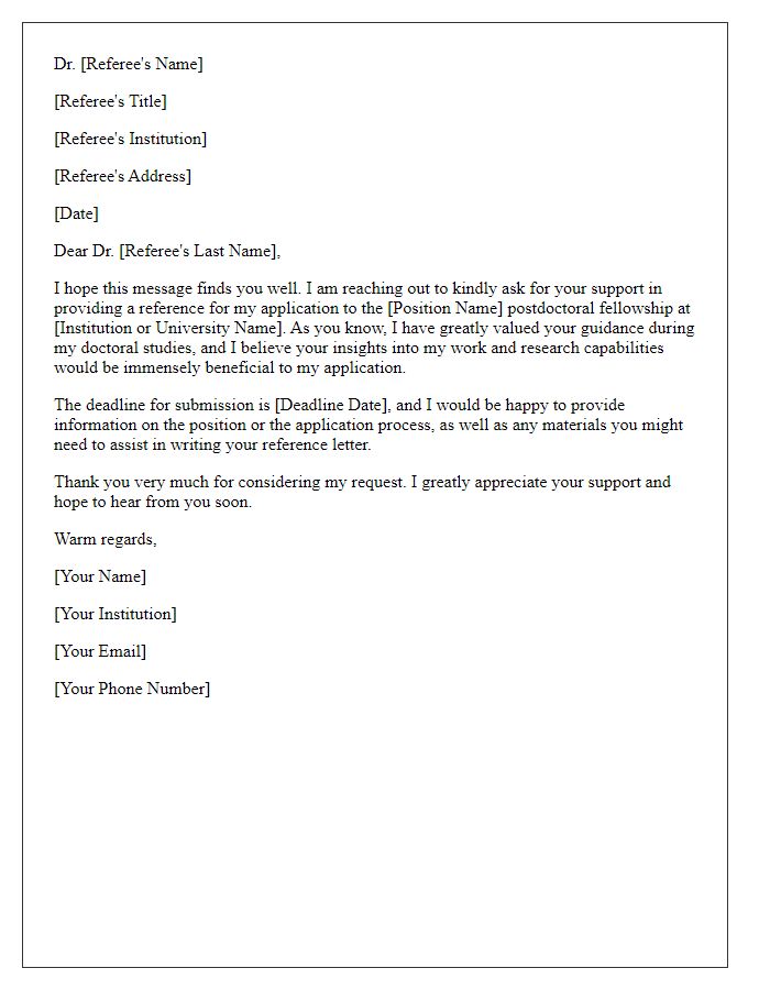 Letter template of asking for support in a postdoctoral reference