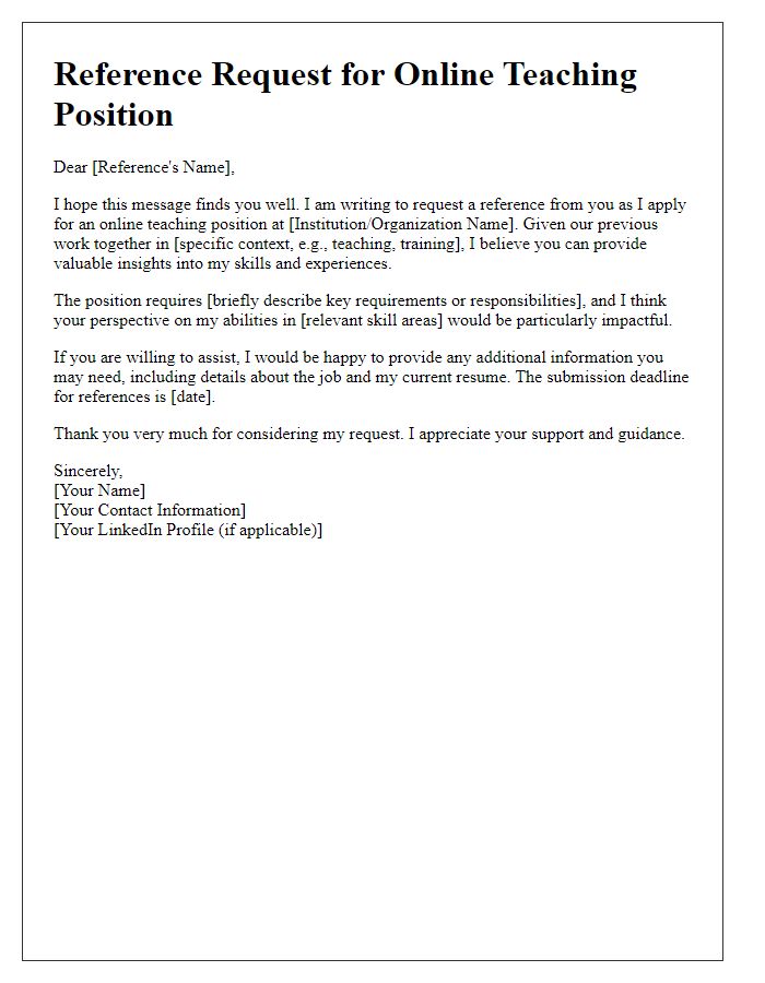 Letter template of teaching position reference request for online teaching.