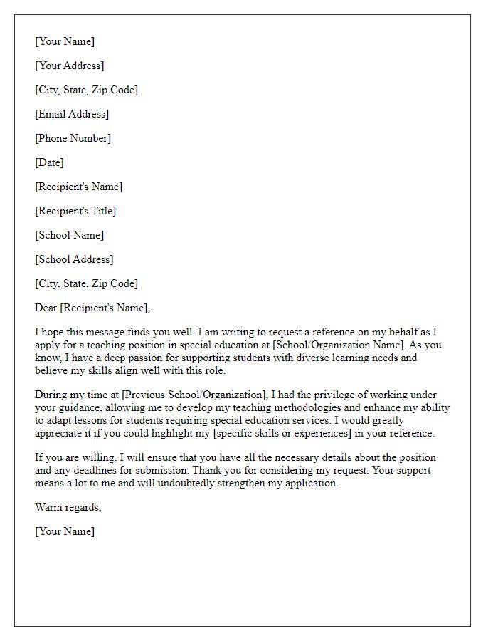 Letter template of teaching position reference request for special education.