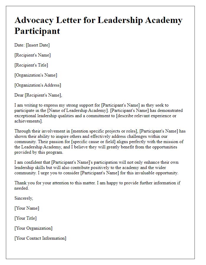 Letter template of advocacy for participant in leadership academy.